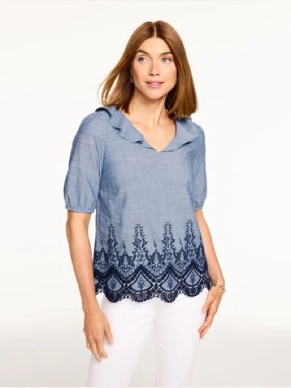 Talbots Blue Cotton Embroidered Lace Hem Ruffle Neck Blouse Medium